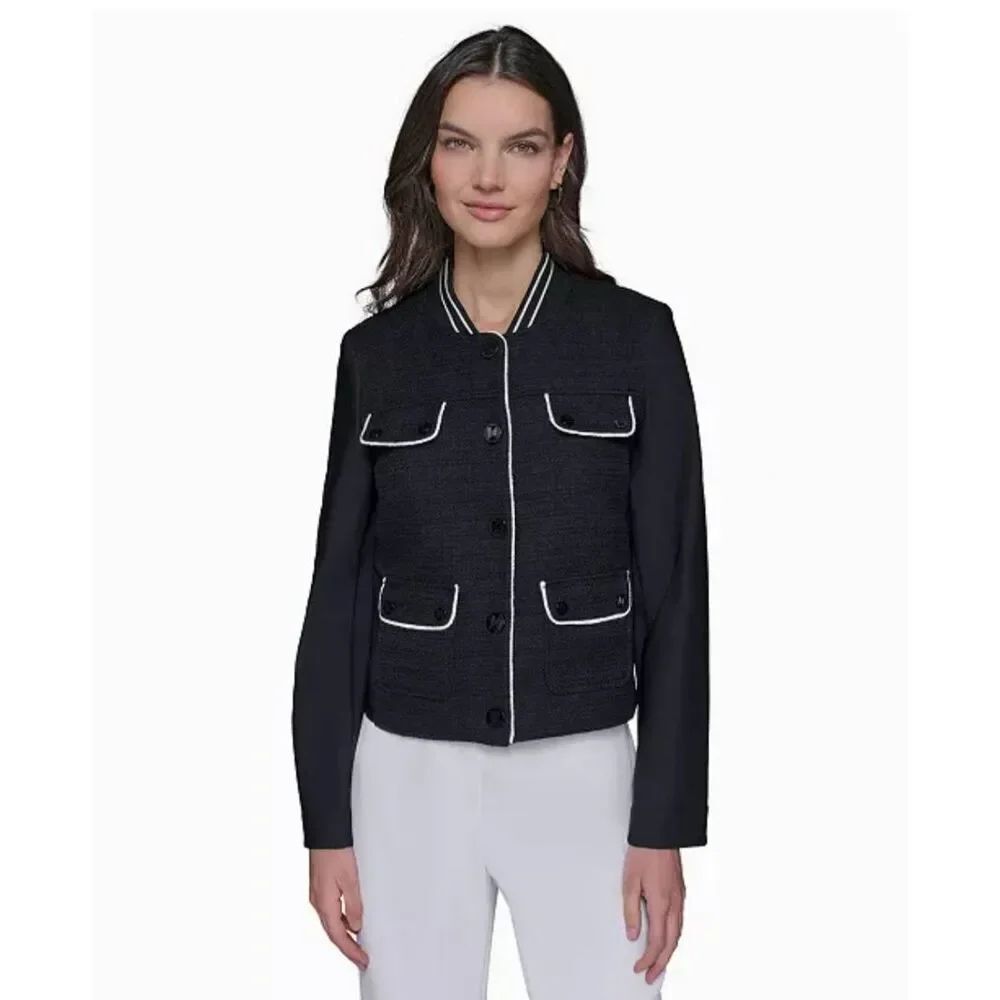 KARL LAGERFELD PARIS Wmn's Contrast-Trim Mixed-Media Tweed JKT, Blk/Wht, NWT, 2